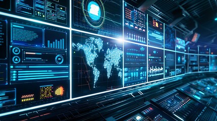 Futuristic control room with multiple screens displaying data and information. The image evokes a sense of technology, control, and the potential for innovation.