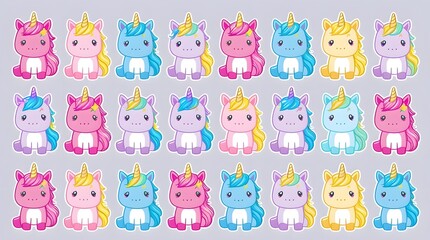 Fototapeta premium Adorable Collection of Thirty Kawaii Unicorns: A Delightful Array of Pastel-Colored Mythical Creatures in a Charming Cartoon Style