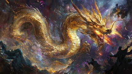 enchanting painting of a gold dragon perched on a rocky cliff, overlooking a mystical valley. The dragon's scales catch the light, creating a radiant effect