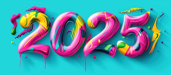 Obraz premium Graffiti depiction of 2025 in a mix of lime green, hot pink, yellow, and cyan.