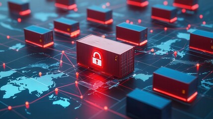 Supply Chain Security Risks. A digital representation of a global shipping network featuring secured containers, highlighting cybersecurity in logistics.