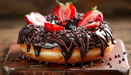 A chocolate glazed donut with chocolate chips and fresh strawberries on a wooden board.
