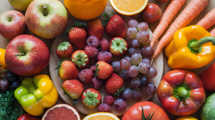Assorted fresh fruits and vegetables including apples, grapes, strawberries, oranges, bell peppers, and carrots.