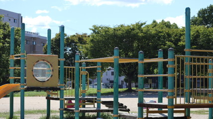 Japanese city landscape blue sky, bridges, trees, electric cable gardens, and beautiful city layout