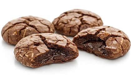 Obraz premium Four chocolate chip cookies, one with a bite taken out, revealing a gooey chocolate center, isolated on a white background.