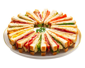 Platter of assorted finger sandwiches cut into triangular shapes, isolated on white background