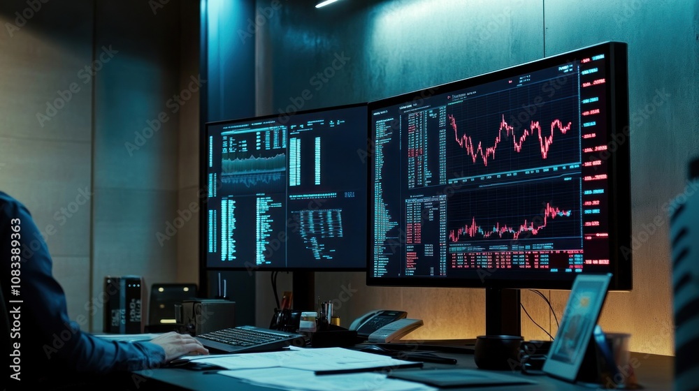 Poster a workspace with dual monitors displaying financial data and stock charts.