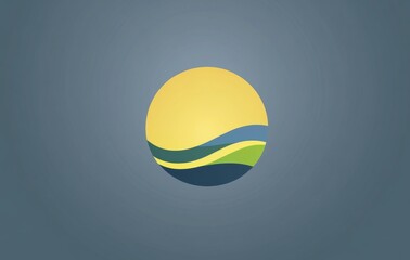 Logo with Blue and Green Color Palette, Half-Circle Shape with Yellow Sun on Greyish-Blue Background