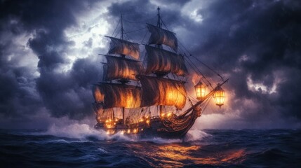 Obraz premium A Tall Ship Navigating Through a Stormy Sea at Night
