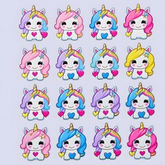 Obraz premium Adorable Collection of Kawaii Unicorns: A Delightful Set of Twelve Charming Unicorn Stickers Featuring Vibrant Colors and Sparkling Details