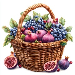 A Vibrant Basket Filled with Fresh Figs, Blueberries, and Red Currants Surrounded by Lush Green Leaves Against a Clean White Background