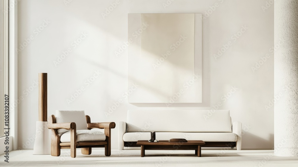 Poster a contemporary minimalist living room design with a pristine white canvas backdrop, showcasing minim