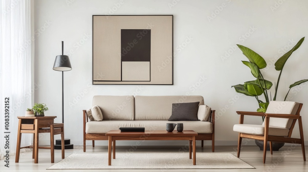 Poster a contemporary minimalist living room design with a pristine white canvas backdrop, showcasing minim