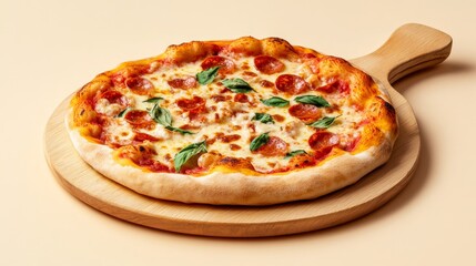 Freshly baked pepperoni pizza with basil on wooden board