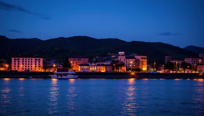 Obraz premium nighttime view of a city night with a blue hour sky in the water