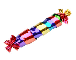 Party cracker in metallic wrapping with twisted ends, isolated on white background