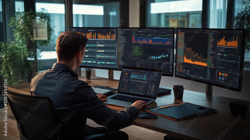 Poster a person analyzing data on multiple screens in a modern office setting.
