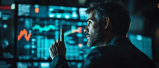 Fototapeta premium Stock market analysis, businessman pointing at screen with bullish market and red candle, financial data and charts in the background, professional trading environment
