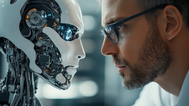A businessman faces off with a robot, reflecting the distrust and confrontation between humans and AI.