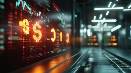 Obraz premium 3D Rendering of Digital Forex Market Interface with Currency Symbols, Data Graphs, and Tech Elements, Representing Financial Trading and Investment Trends