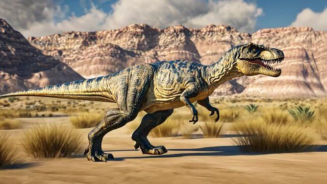 Carnivorous Dinosaur in Desert Landscape:  A mighty Carnotaurus dinosaur roams the vast arid landscape, showcasing its powerful physique and predatory instincts.