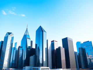 Fototapeta premium Skyscrapers reaching for the blue sky in an urban business district during a sunny day