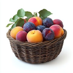 Fresh and Juicy Summer Fruits in a Rustic Wicker Basket with Green Leaves, Including Peaches, Plums, and Nectarines Perfect for Healthy Lifestyle and Culinary Use