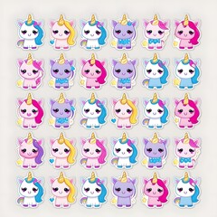 Adorable Collection of 36 Cute Cartoon Unicorns: A Whimsical and Colorful Array of Fantasy Creatures with Vibrant Manes and Unique Outfits