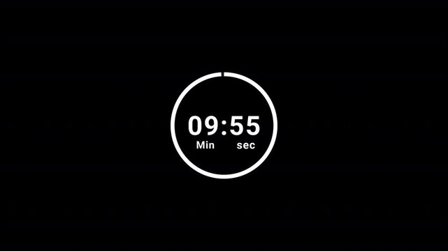 10 minutes circle countdown timer animation, 10 minutes timer animated on black background, ten minutes countdown.
