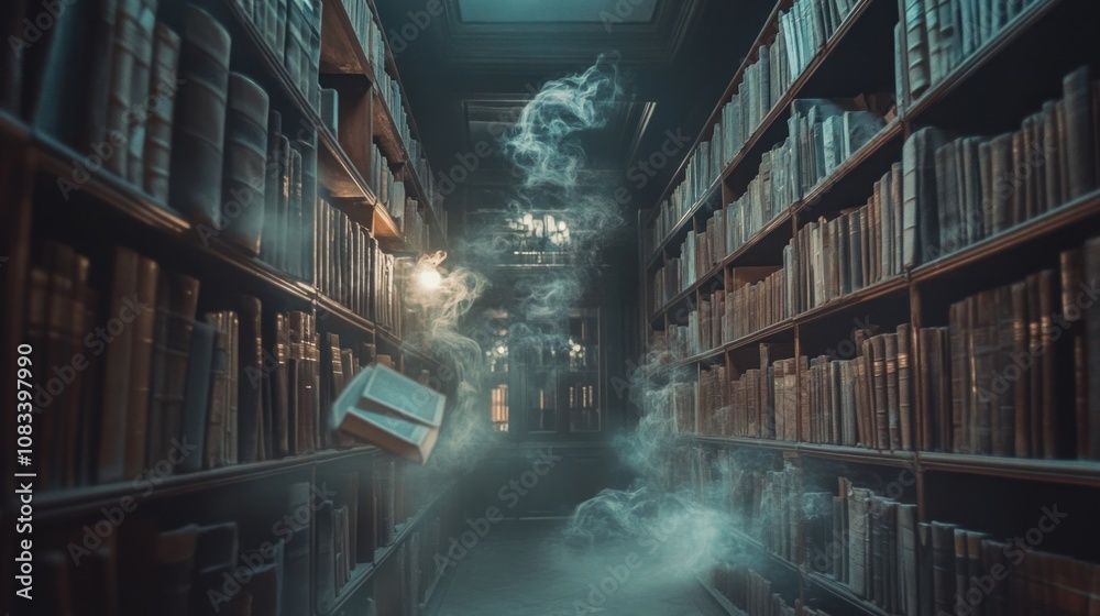 Aufkleber Bookcases in a dimly lit library with smoke and a book floating
