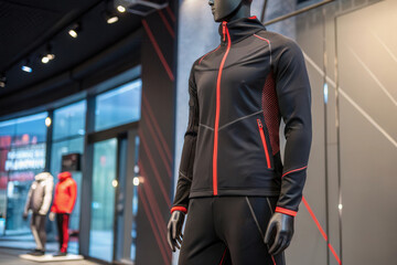 Obraz premium A sleek black and red athletic jacket is showcased on a mannequin in an urban store.