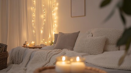 A cozy and intimate lounge design showcasing a white canvas backdrop, Layered with plush textiles and warm lighting, Hygge-inspired style