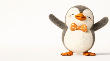 Fototapeta premium Playful 3D Cartoon Character of a Happy Penguin with a Bow Tie, Exuding Joy and Charm in a Clean, Minimalist Environment, Perfect for Children's Content and Fun Projects