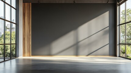 Empty room with large windows, hardwood floor, and black wall.
