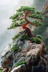 Fototapeta premium A Majestic Bonsai Tree Growing on a Rocky Cliffside