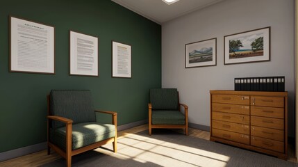 Obraz premium Cozy and Inviting Waiting Room with Green Walls, Comfortable Chairs, Natural Light, and Organized Storage for a Peaceful Atmosphere in a Modern Office Setting