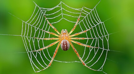 Fototapeta premium Intricate Spider and Dewy Web Artfully Captured Against a Soft Green Background, Showcasing Nature's Details in a Stunning Macro Photography Scene
