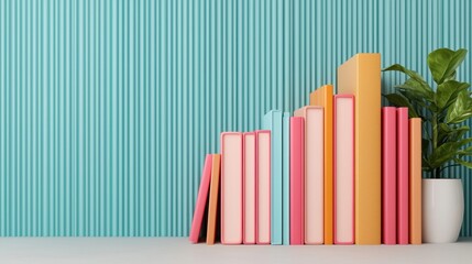 Obraz premium Colorful Collection of Books Stacked Against a Textured Turquoise Background with Decorative Green Plant in a White Pot for Modern Minimalist Aesthetic
