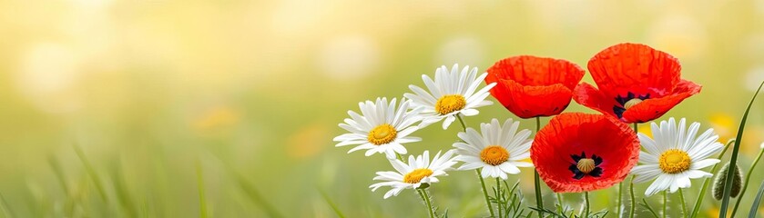 Obraz premium Bright daisies and vivid red poppies scattered across a sunlit meadow