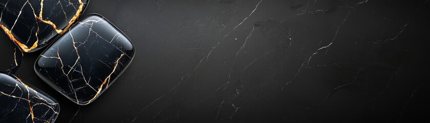 Close-up of glossy black marble with bold, natural patterns against a richly textured, dark background, offering a high-contrast, artistic composition