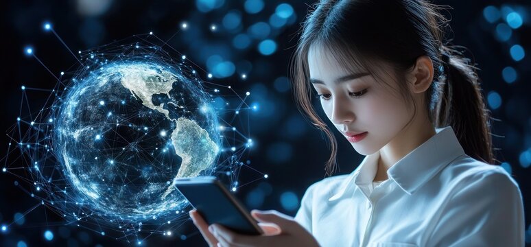 A businesswoman using a digital tablet with futuristic network connections in a technological concept against the background of a holographic globe.