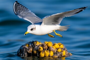 Obraz premium A seagull skimming over the ocean surface, wings extended close to the water with soft reflections