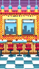 Retro-themed diner interior with checkered floor pixel art background. 8-bit game assets