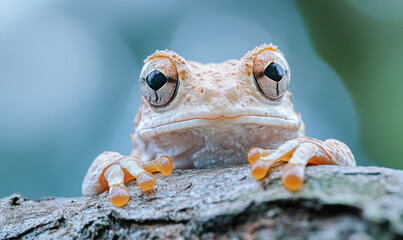 A frog is sitting on a log with its eyes closed