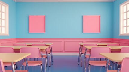 Bright and Cheerful Classroom Interior with Pink and Blue Design Featuring Empty Desks and Blank Frames Ready for Customization and Decoration