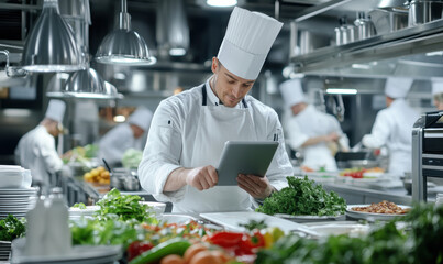 A chef is using a tablet to look up a recipe while preparing food in a kitchen