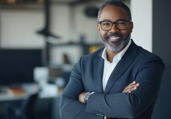 Obraz premium confident and smiling middle-aged Black businessman wearing glasses