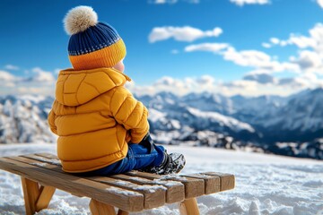 Digital 3D illustration of a child on a sled going down a snowy slope, playful and realistic