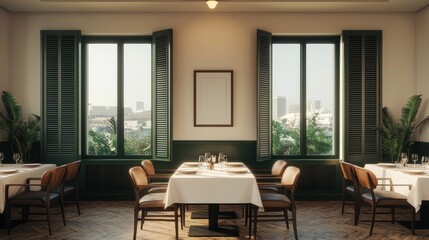 Fototapeta premium Elegant Dining Room with Large Windows Overlooking Cityscape, Featuring Fresh Greenery, Wooden Elements, and Stylish Table Settings for a Cozy Ambiance