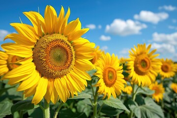 Obraz premium A field of vibrant sunflowers. The bright yellow petals and a field of sunflowers can be used to represent joy, happiness, and summer.